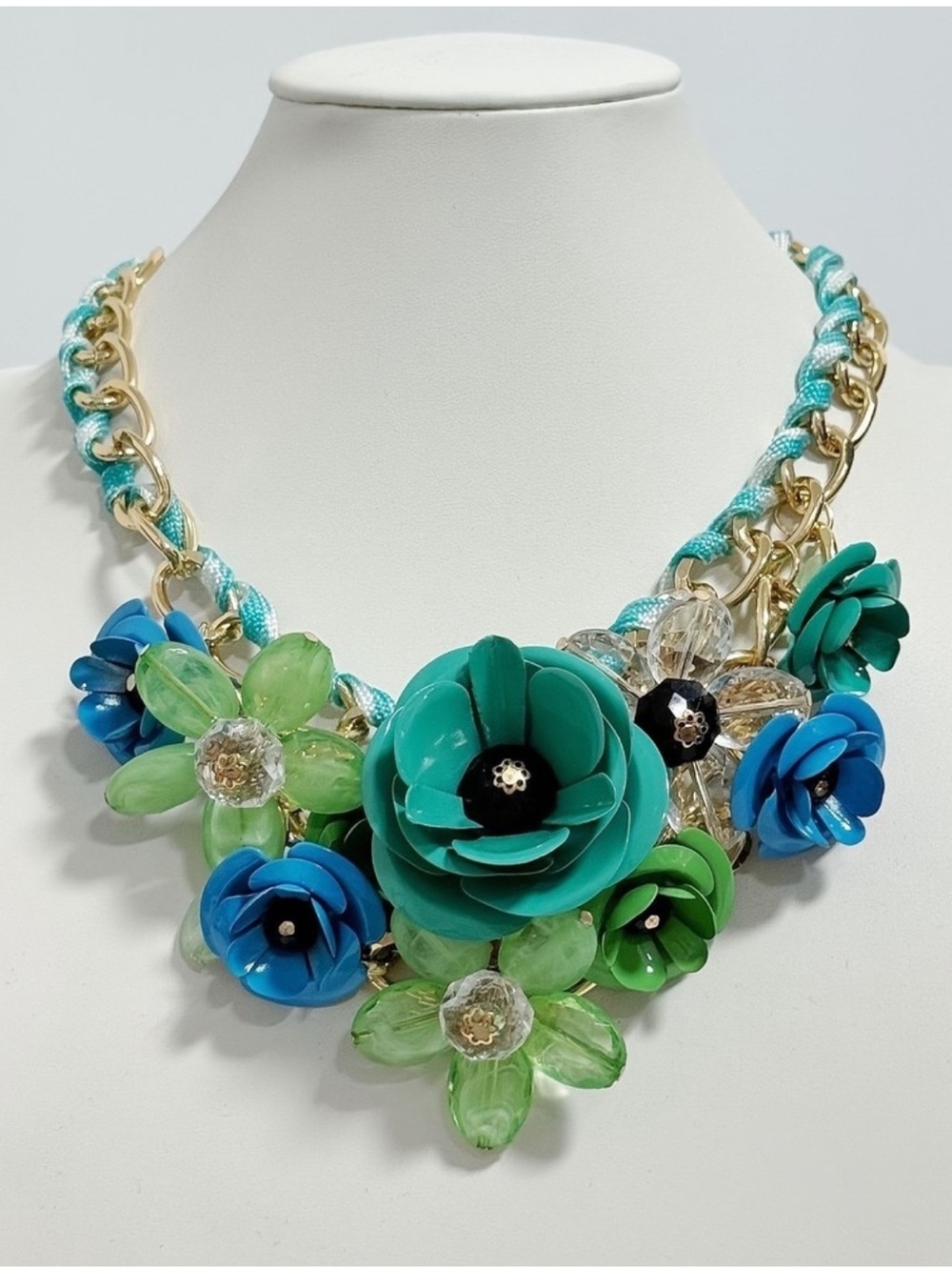 NWOT Aratta Silent Journey- Floral Statement Necklace in Teal, Blue & Green